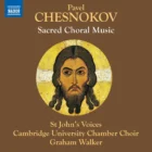 The CD artwork for Cambridge University Chamber Choir and St John's Voices CD - Pavel Chesnokov Sacred Choral Music. The background is a brown square with a gold circle in the middle depicting a face