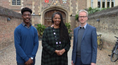 Felix Asare, Sonita Alleyne OBE and Ben Walton standing outside Jesus College, Cambridge